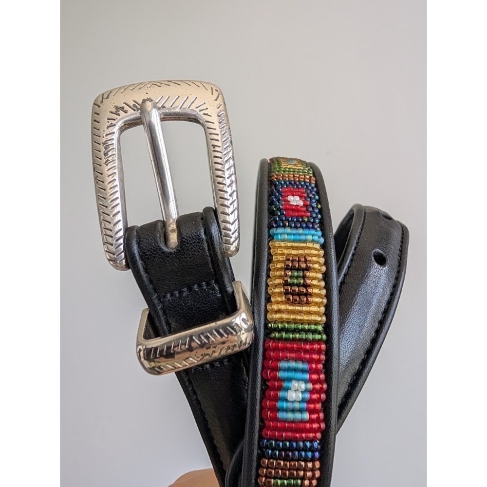 vintage 90s Beaded Leather Belt Southwest 39 in seed eclectic skinny silver boho